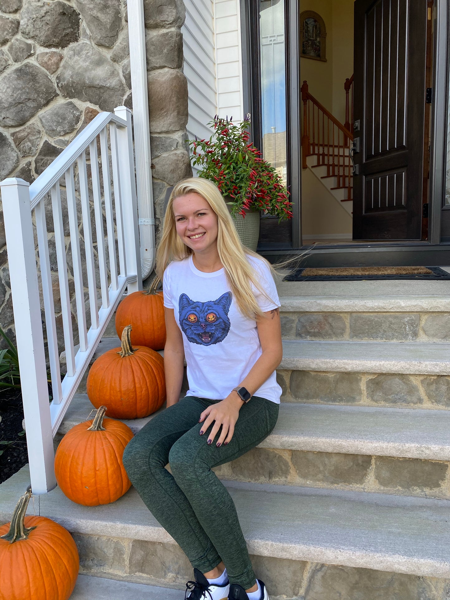 Halloween cat graphic T woman’s shirt - cute Halloween cat stickers - Halloween pumpkin cat stickers
