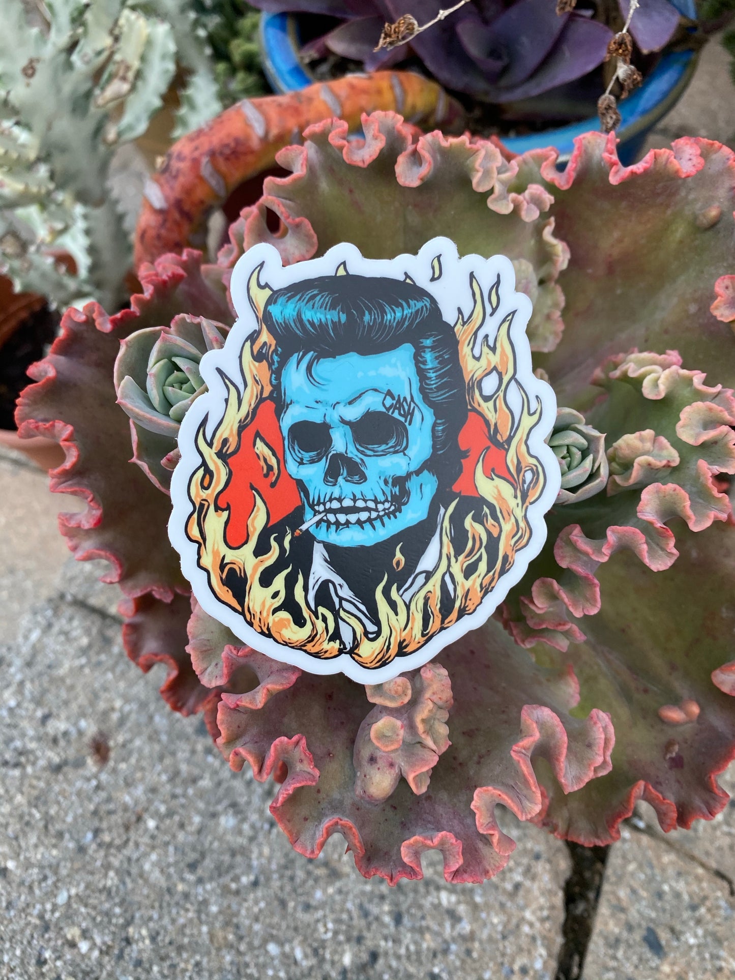 The man in black skull sticker with cigarette- ring of fire cash the man in black
