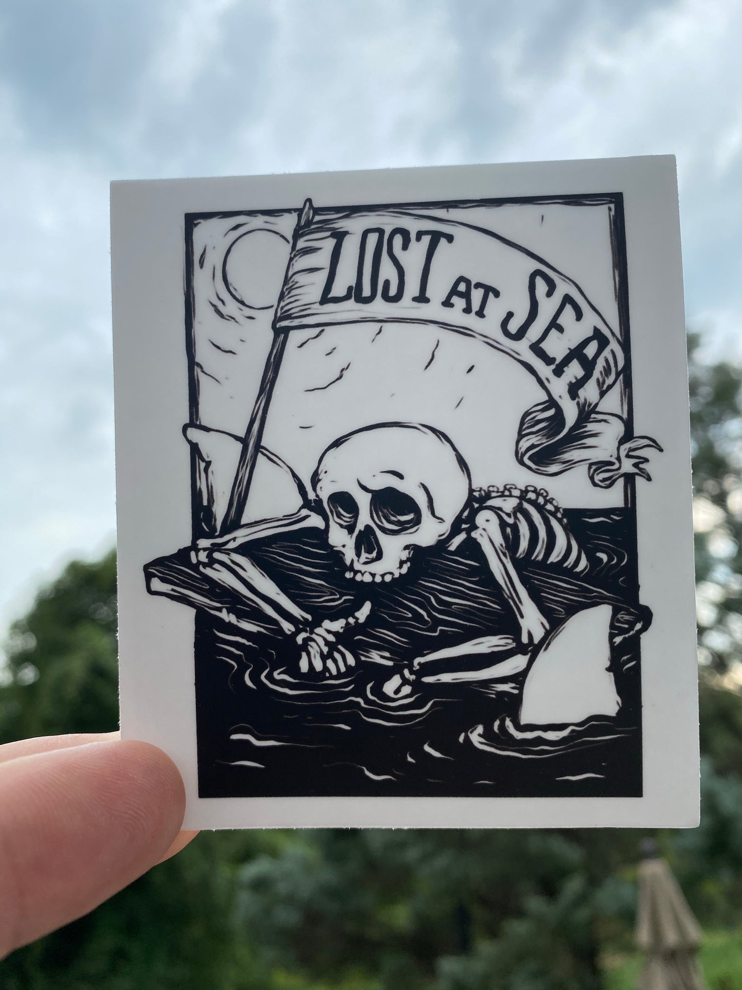 Lost at Sea sticker - skull shark drifting sun sea adventure