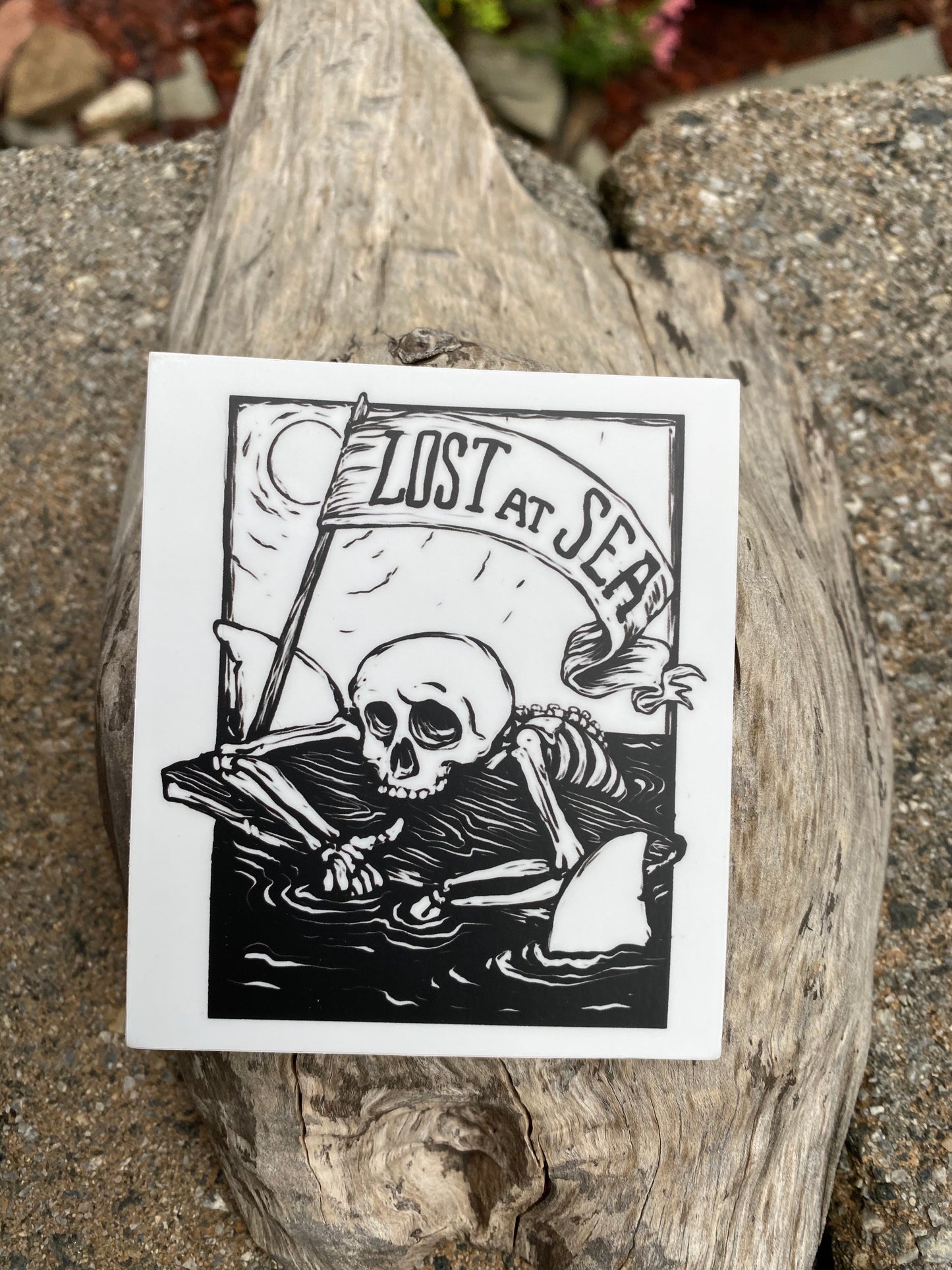 Lost at Sea sticker - skull shark drifting sun sea adventure