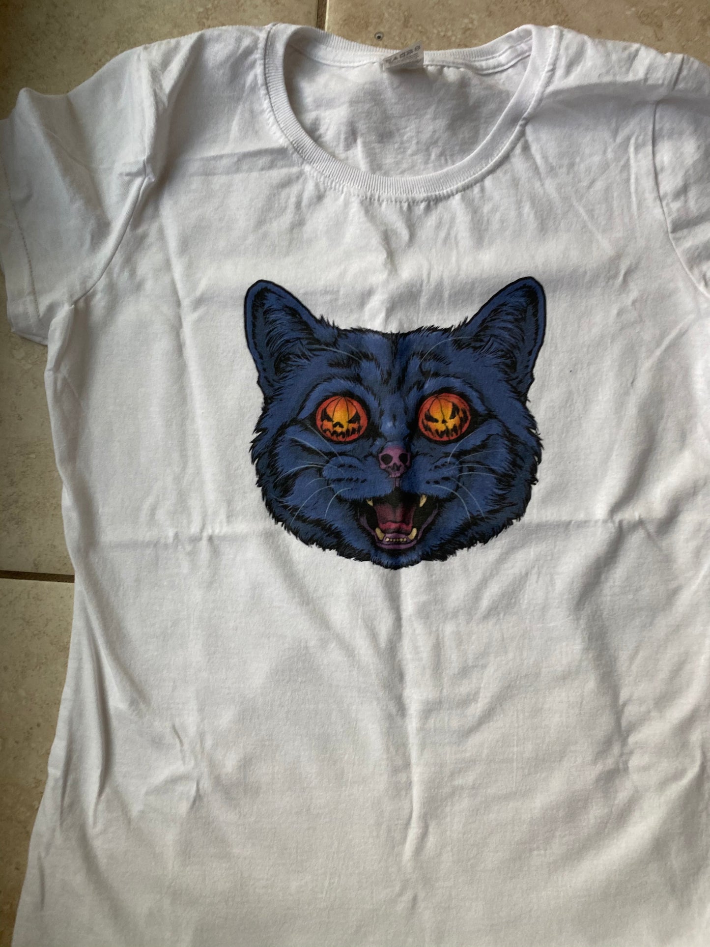 Halloween cat graphic T woman’s shirt - cute Halloween cat stickers - Halloween pumpkin cat stickers