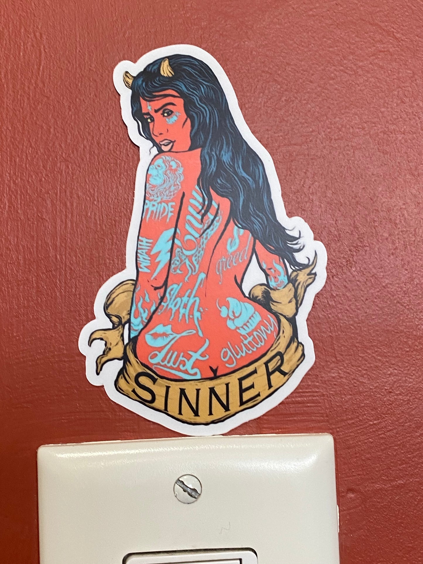 Sexy lady devil tattoo 7 sins sticker 4 x 3! Not today satan