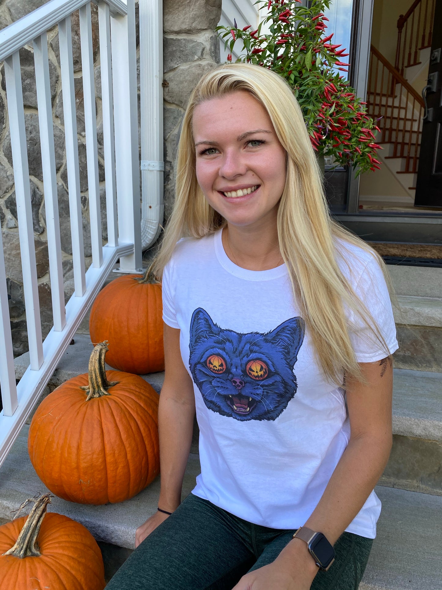 Halloween cat graphic T woman’s shirt - cute Halloween cat stickers - Halloween pumpkin cat stickers