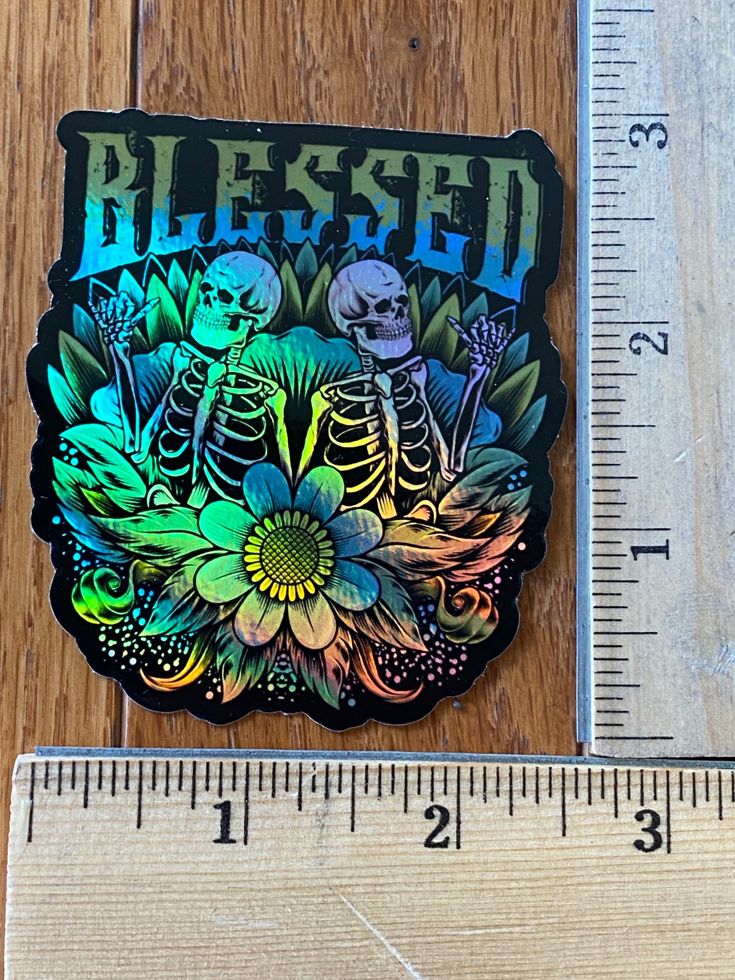 Blessed holographic skulls snd flowers - 3x3 vinyl stickers