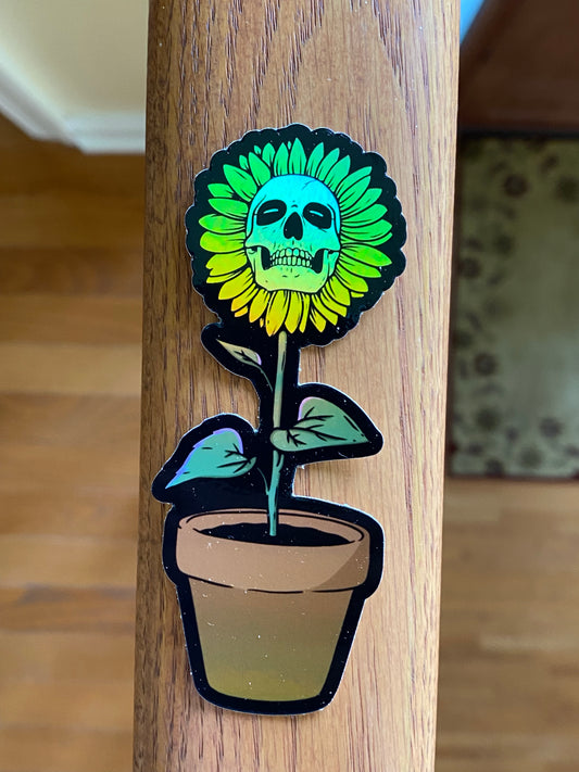 Sunflower skull flower pot sticker - holographic sticker skulls and flowers