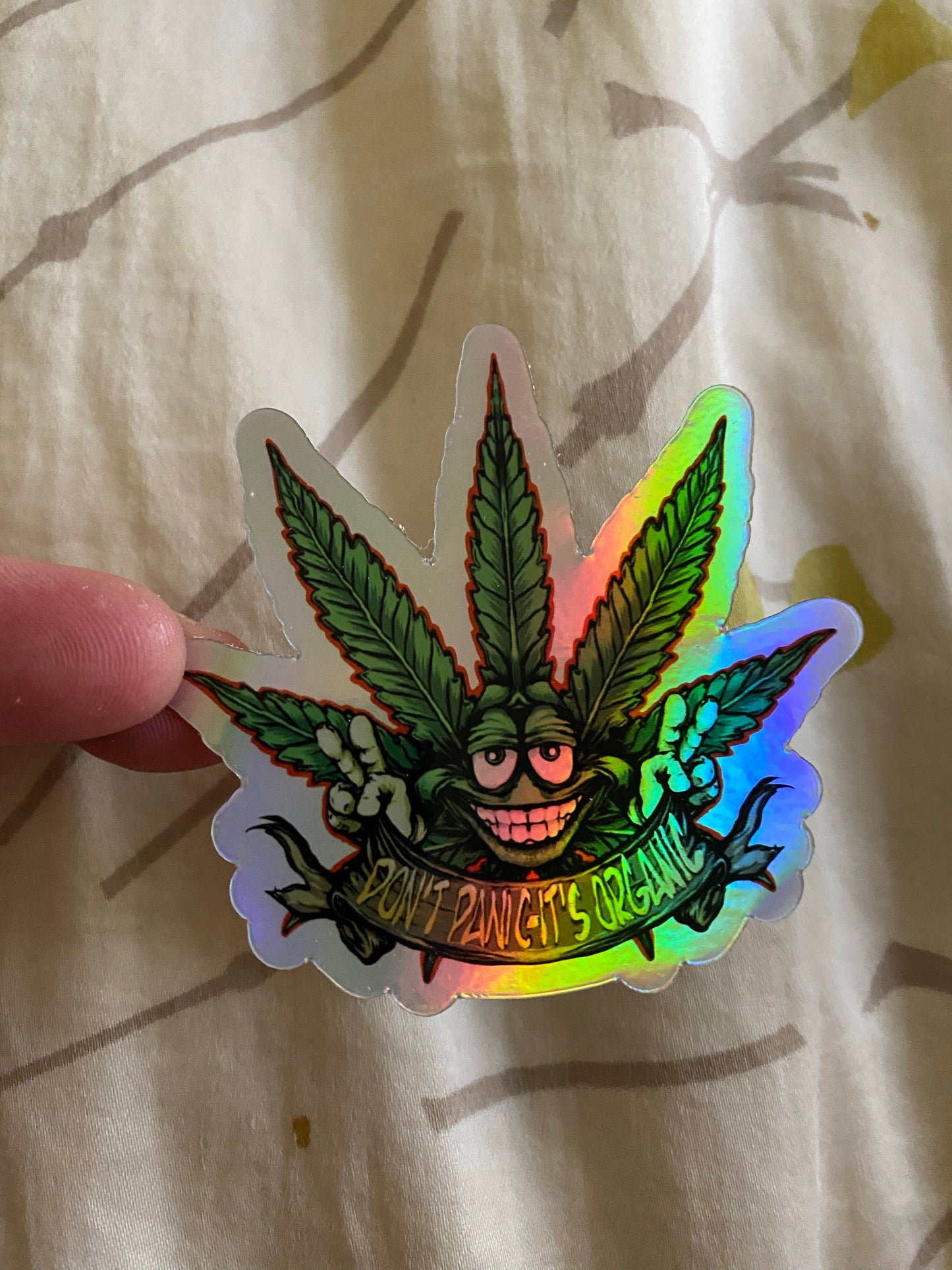 Holographic Don’t panic it’s organic sticker - high times purple haze