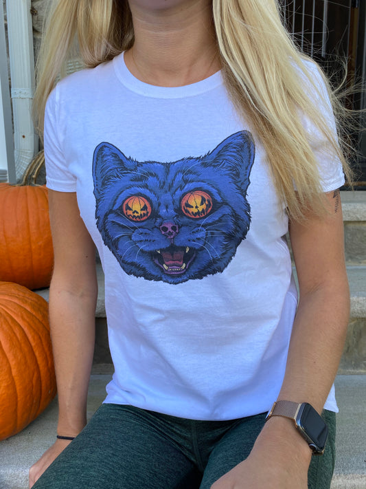 Halloween cat graphic T woman’s shirt - cute Halloween cat stickers - Halloween pumpkin cat stickers