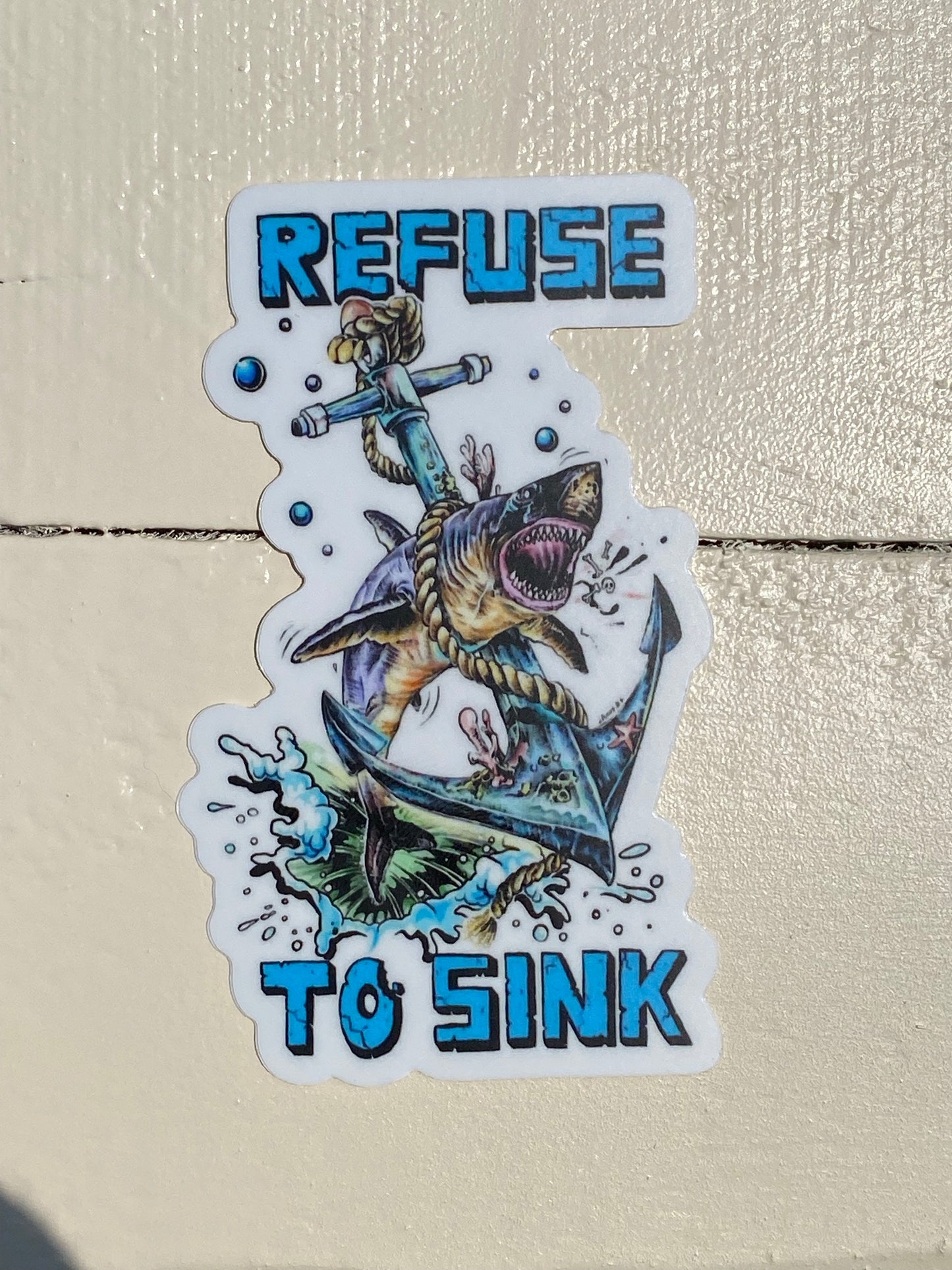 Refuse to Sink great white shark snd anchor vinyl sticker - Shark Week