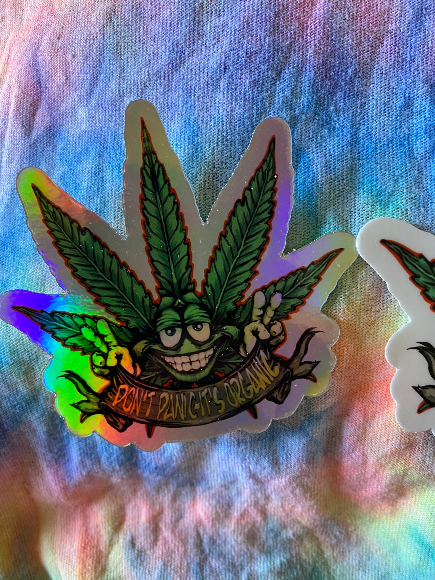 Holographic Don’t panic it’s organic sticker - high times purple haze