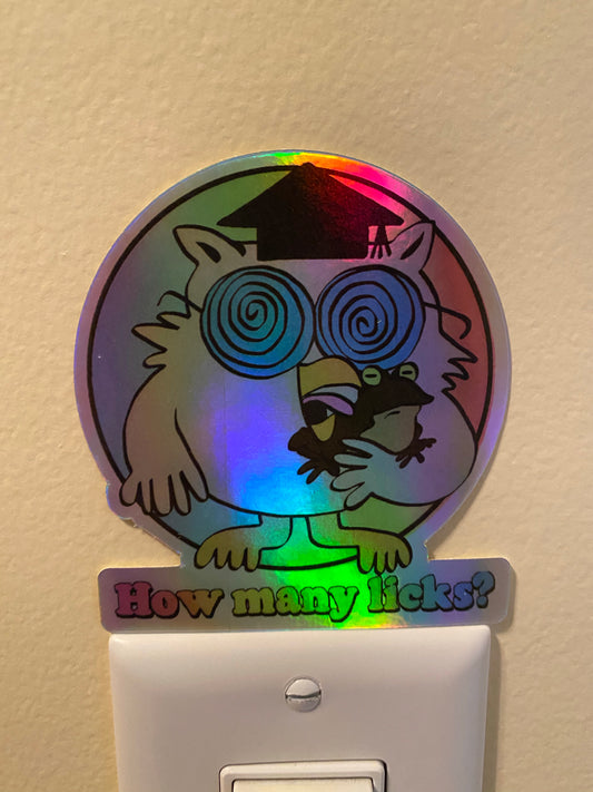 Holographic Psychedelic owl and frog sticker how many licks owl sticker frog sticker