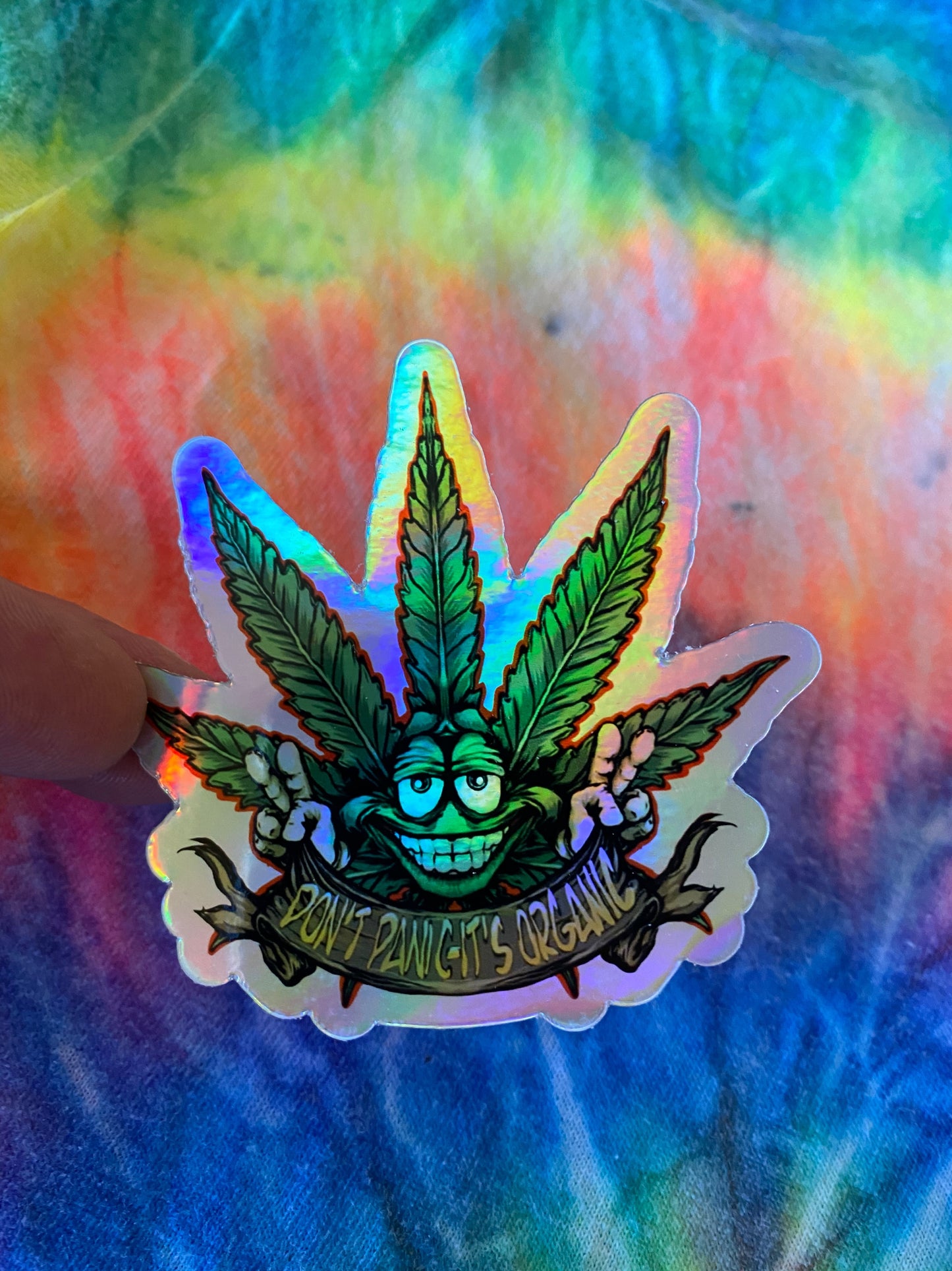 Holographic Don’t panic it’s organic sticker - high times purple haze