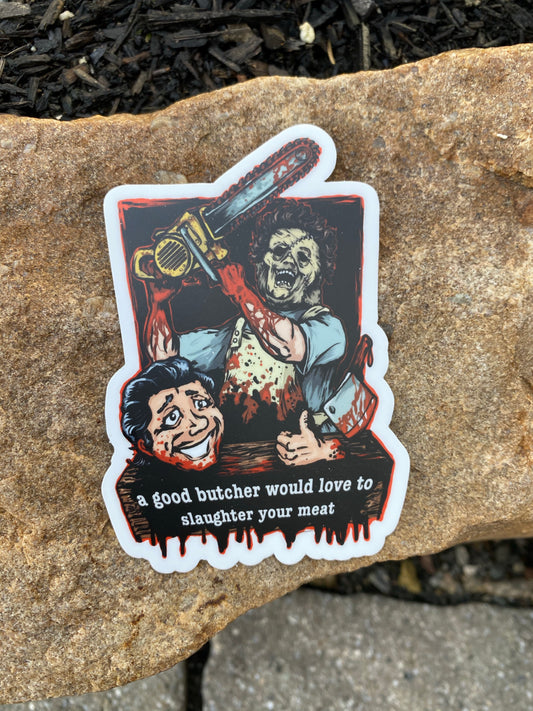 A good butcher sticker - chainsaw leather face Texas