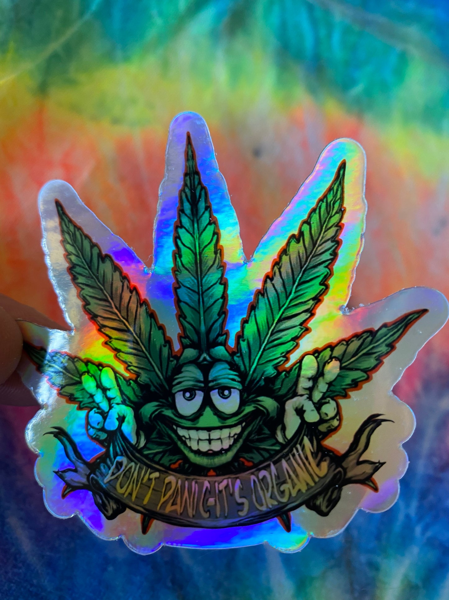 Holographic Don’t panic it’s organic sticker - high times purple haze