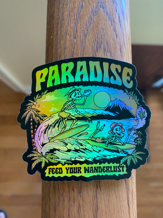 Paradise wanderlust  holographic vinyl sticker 3x3 original design - beach summer trending sticker cute