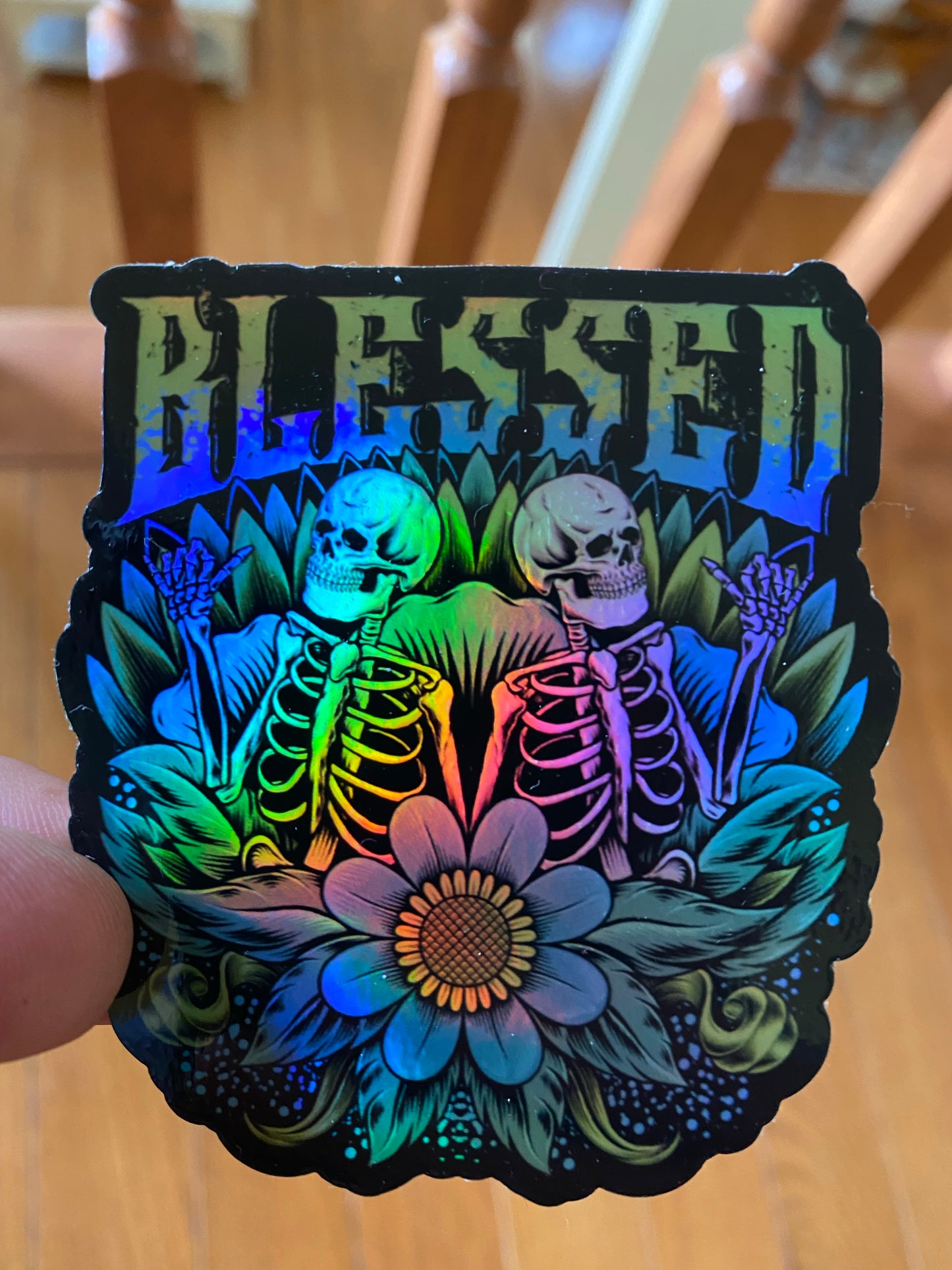 Blessed holographic skulls snd flowers - 3x3 vinyl stickers